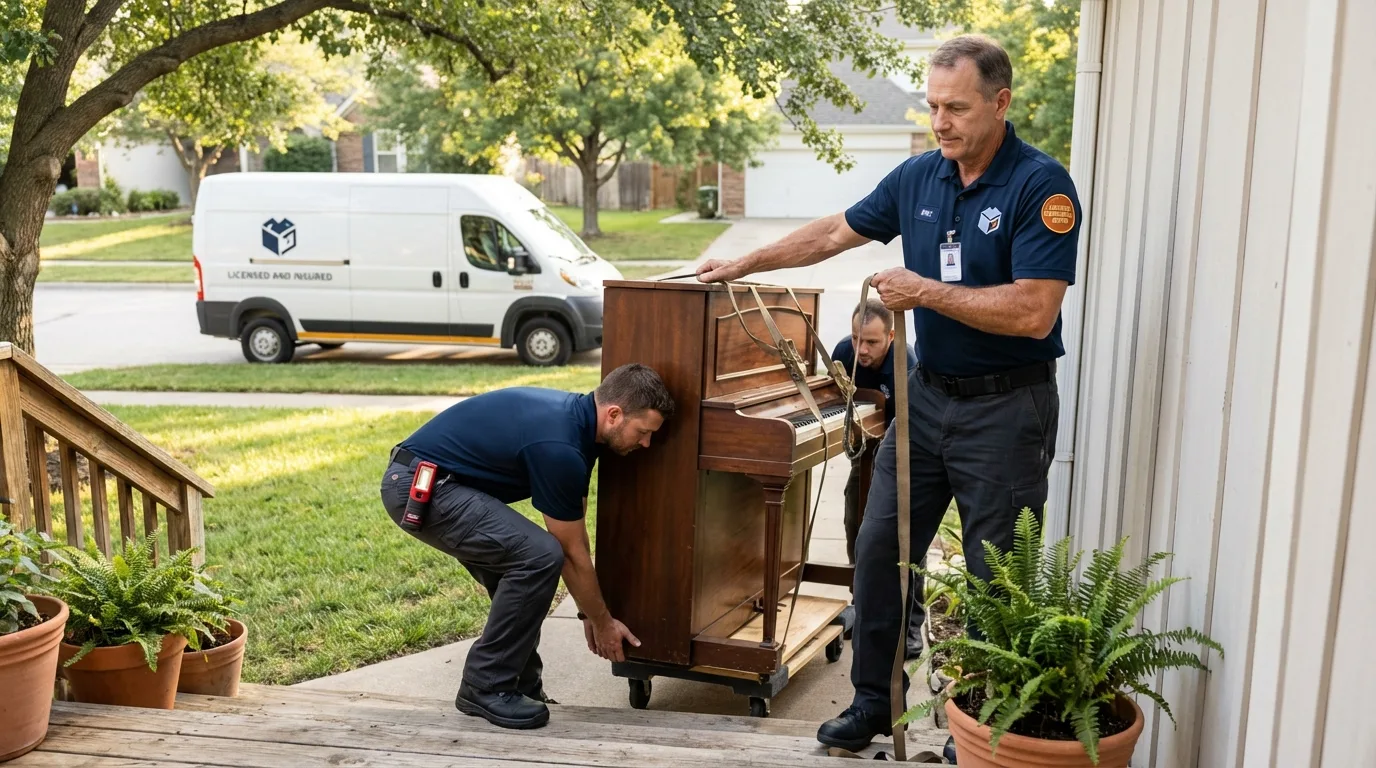 Licensed piano movers securing grand piano in Roebuck, SC