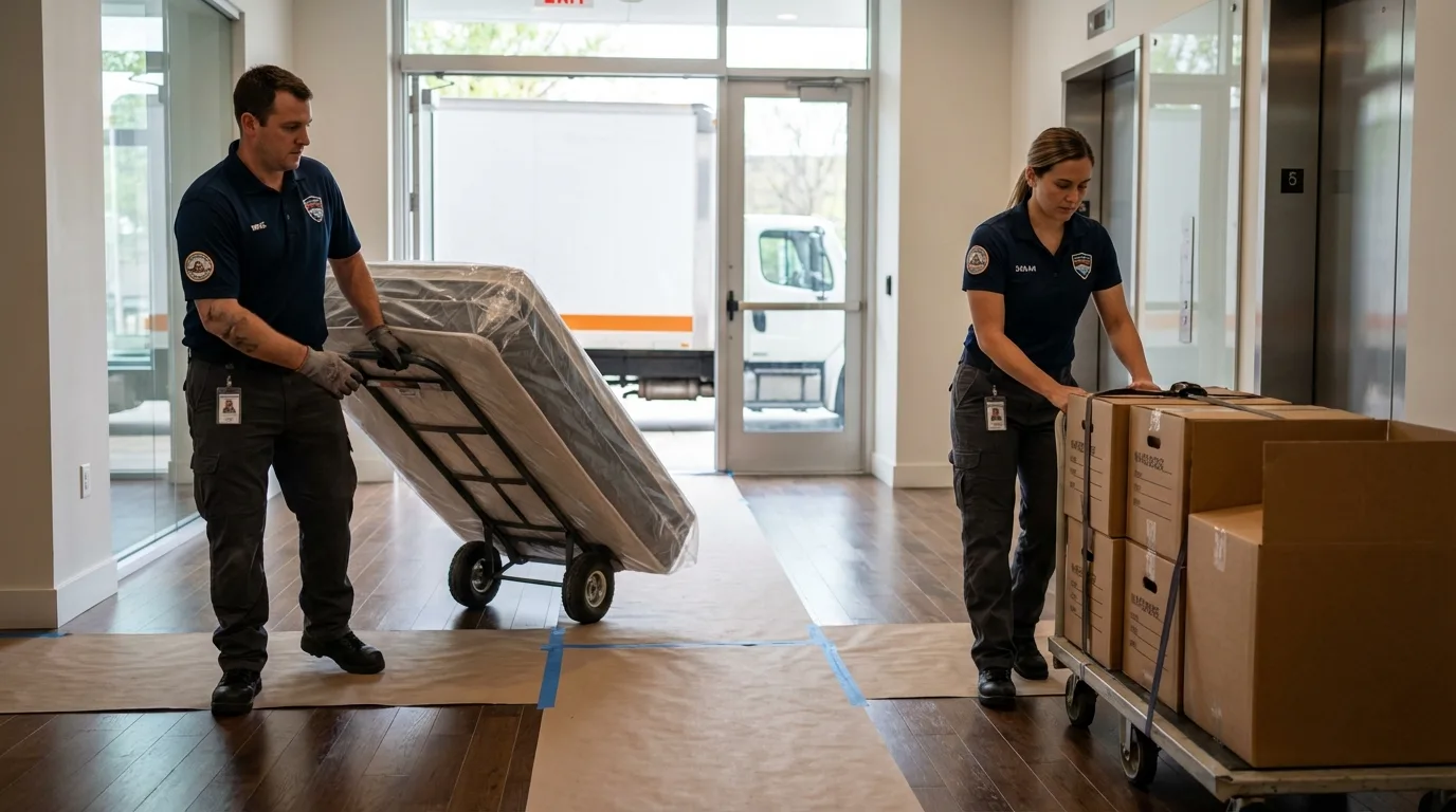 Professional apartment movers loading elevator in Roebuck, SC